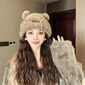 Пролет-есен, защита на ушите в корейски стил, плюшени шапки-бини за жените, запазването на топлина, Сладки ушни съединители с мечка, шапки, Зимни шапки с сладък мечок