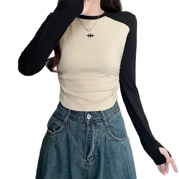 Пролет-есен трикотажная тениска за момиченца с дълъг ръкав и кръгло деколте, ръкави raglan, оборудвана дизайн, контрастен топ с принтом, дамски топ