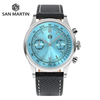 San Martin Класически кварцов часовник с хронограф за мъже от най-висок клас с римски циферблат, механичен син сапфир кварцов механизъм VK64 с 5 ленти