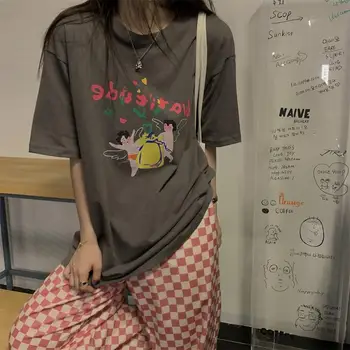 Дамски тениски, потници, японски Kawai Улззанг, cartoony буквално принт, свободна риза Bf, дамски корея, облекла в стил харадзюку за жени
