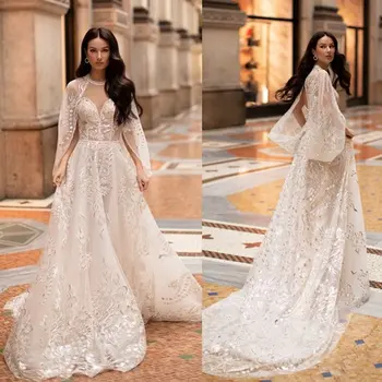 Модерни сватбени рокли 2020 г. с дантелен аппликацией на ръкавите-накидках Vestido De Noiva, секси сватбени рокли
