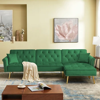 Осеян със зелени кадифе обръщане на секционни диван-легло, L-образен диван с подвижен оттоманкой и декорация във формата на ноктите за хол
