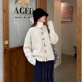 2022, монофонични жилетка с кръгло деколте, пуловер, дамски връхни дрехи, Нов корейски стил, свободно дебнещ елегантно палто трикотажное