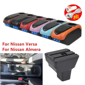 За Nissan Versa Подлакътник Almera 2020-2023 Кутия за съхранение на централната конзола, Пепелник поставка за Чаши Изкуствена кожа USB зареждане LED
