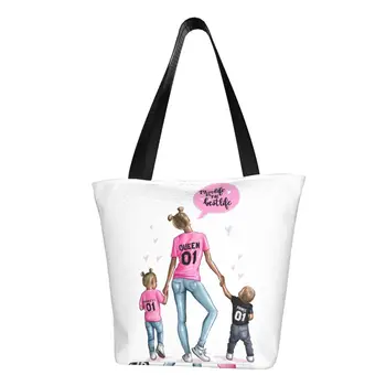 Дамски чанта за пазаруване с хубаво шарките на мама и бебе, холщовая чанта-тоут на рамото, трайни модни чанти за пазаруване на Супер Мама