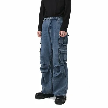 Мъжки модни дънкови панталони-карго с много джобове свободно, намаляване, работни облекла, дънкови панталони син цвят