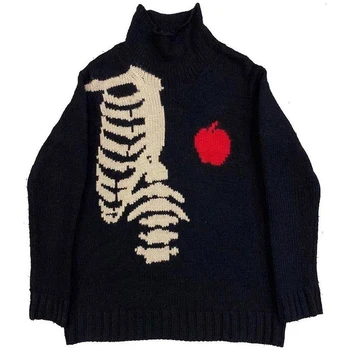 Жена Ретро вязаный пуловер, есенно-зимния пуловер, Унисекс, Y2K, harajuku, мъжки пуловер оверсайз, черен, безплатно, с принтом скелета, аниме