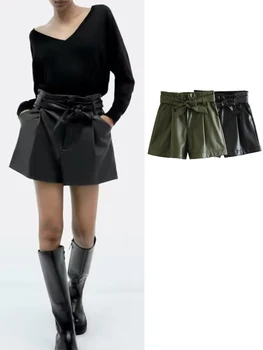 KJMYYX 2023 Нови дамски летни елегантни темпераментни мини-шорти, Дамски Модерен секси колан, обикновен Свободни кожени панталони с висока талия