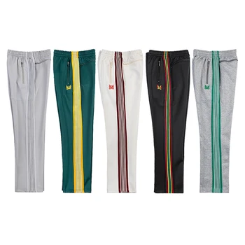 Спортни панталони 23SS Needles, Мъжки Дамски Панталони в Зелена Ивица, Лилаво Избродирани Панталони в стил хип-хоп с Пеперуда