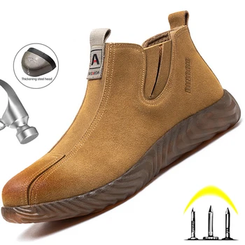 Неразрушаемая защитни обувки Мъжки работна обувки с мека подметка Обувки Челси Работни защитни ботуши със стоманени пръсти Обувки заварчик от телешка кожа мъжки обувки