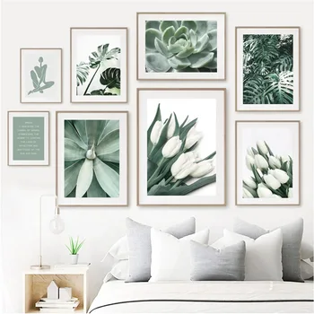 Плакат с бяло цвете лале, декорация на ресторанта, художествена картина, зелено растение, изображение на алое Вера, плакат с една палма и банан листа, за украса на хотела