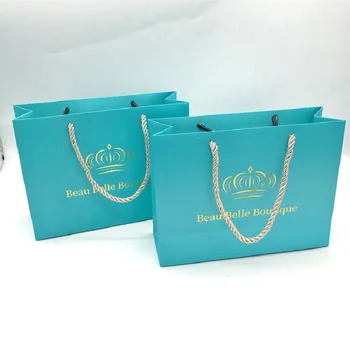 500 бр./лот, Луксозен ламиниран синьо Лого от логото, опаковъчна хартия за Пазаруване на бижута, хартиена торбичка с Логото на горещо щамповане