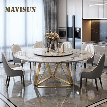 Светъл Луксозен мрамор кръгла маса за хранене в скандинавски стил с превръщането на масата, Модерен минималистичен кухненската маса в ресторанта на рамка от неръждаема стомана