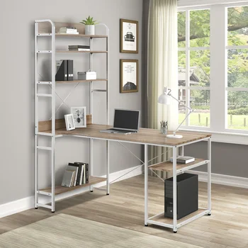 Компютърна маса за домашен офис с метална рамка и МДФ / 5-ярусная отворена bookshelf / Много място за съхранение (Дъб)