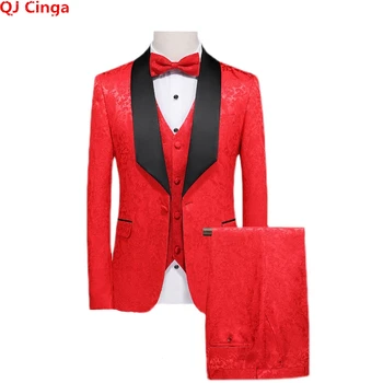 Червен Мъжки костюм, смокинг от 3 теми, Висококачествено рокля, палто и Панталони, Жилетка, Голям Размер, Terno Masculino, Бяло, Черно, кралско синьо, S-6XL 5XL