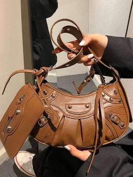 Дамски маркови дизайнерски Чанти на рамо, однотонная луксозна чанта през рамо с нитове, модна тенденция чанта, текстурные чанти от изкуствена кожа под мишниците
