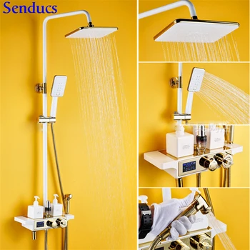 Цифров душ комплект Senducs от бяло злато, златното биде за баня, европейската душ система от Месинг, термостатичен душ кабина комплект за баня
