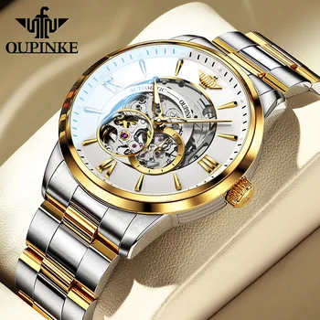 OUPINKE, нови луксозни мъжки ръчен часовник, водоустойчив, с светящимся сапфир виртуален скелет от вольфрамовой стомана, автоматични механични мъжки часовник, подарък