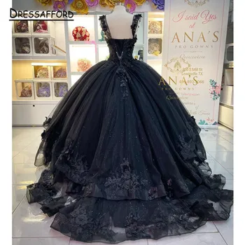 Черно Пищни Принцеса Рокля, бална Рокля, расшитое мъниста, вечерна рокля с 3D Цветя, Скъпи 16 Рокля Vestido De Noiva