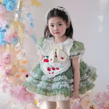 Лятно нова рокля стил Лолита за момичета, милото стилна рокля на принцеса, детско сетчатое рокля с къс ръкав и бродерии, детско премяна Vestidos Wz1064