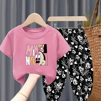 Нова детски дрехи, комплект дрехи с герои от анимационни филми, за малките момичета, тениска с Мини + панталони с Мики, костюми от 2 теми, памучен и ежедневни облекла за деца от 2-8 години
