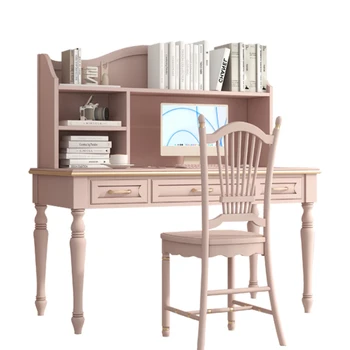 * Комбинация от компютър, бюро и стол, Розово бюро с рафт за книги, офис маса, мебели за кабинет, Комбинация от
