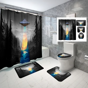 4 Комплекта завеси за душ НЛО с нескользящим подложка за баня, капак за тоалетна и набор от завеси за душ в стил научна фантастика извънземна космически кораб