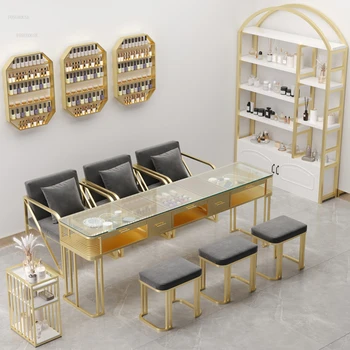 Луксозни маникюр маси Nordic Light, Двуслойни стъклен маникюр, маса и комплект столове, прости професионален маникюр холни маси за салон за красота