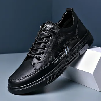 Мъжки черно-бели обувки от естествена кожа, мъжки обувки на равна подметка, лидер на продажбите, мокасини, класически удобни мъжки ежедневни обувки, големи размери A58-62