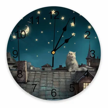 Котка на Покрива Коте Нощ, Луна Звезди Декоративни Кръгли Стенен часовник с Индивидуален Дизайн Не Тикающие Безшумни Спални Големи стенни Часовници