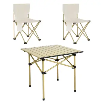 Сгъваема маса къмпинг Комплект столове с 2 табуретками, Преносим Плажен масичка, Лесен приставной масичка за двора, градината, вътрешен двор, катерене, барбекю