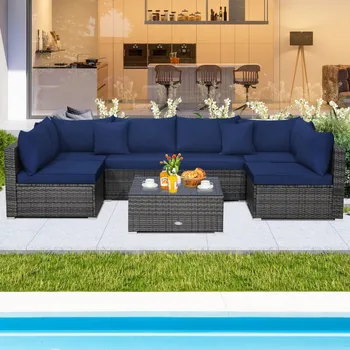 Комплект мебели от ратан за двор от 7 теми с секционным диван с мека тапицерия