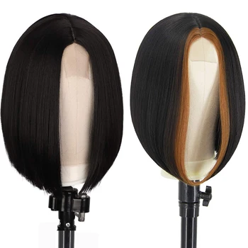 Синтетични перука На Highlight смесен кафяв цвят, права перука с къса подстрижка 