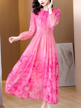 Секси розова рокля Миди с принтом, летни корейски реколта ежедневни вечерни рокли 2023, Нови Елегантни свободни рокли