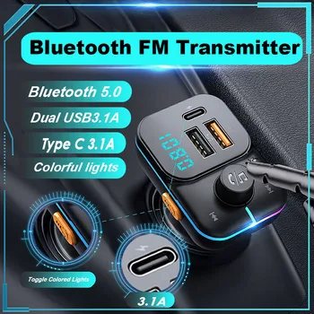 FM предавател, Bluetooth 5,0 Двойно USB 3.1 A + Type C Бързо Зарядно Устройство, Хендсфри TF Карта, U-Диск AUX Музикален Комплект За авто Радио