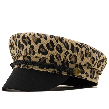 Нова дамска шапка-барета с леопардовым принтом, памучен шапка на художник в ретро-британския стил, осмоъгълна тъмно синя шапка за градинска момичета, шапка вестникарче
