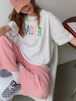 Работна цветна бродерия с букви, графичен принт, женска тениска, годишен женски пуловер с къс ръкав, ретро всекидневни женски топ 2022