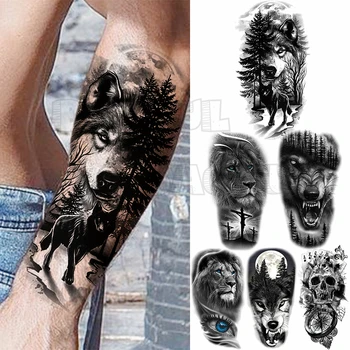 Временни татуировки на ръката до лакътя, Вълчи Гората, и За мъжете, и за възрастни, Фалшиви Татуировки с Компас, Лъв, Тигър, Реалистичен Компас, Миещи се Стикери с Татуировки