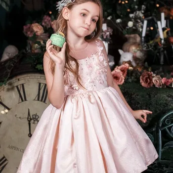 Рокля с цветя модел за момичета, празнична рокля с дантелен аппликацией, принцеса рокля без ръкави, с дължина до коляното, декорация във формата на banta, детско Първото нещо Свято причастие