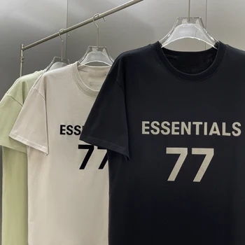 Сезон 7, нова тениска Essentials 77 с флокированным писмото принтом, модни брандираната памучен тениска оверсайз в стил хип-хоп, свободна унисекс с къс ръкав