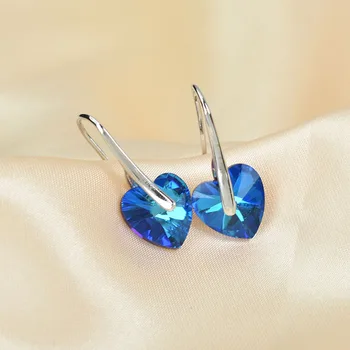 Цветни обеци със сини кристали във формата на сърце за жени, бижута за пиърсинг на ушите, висящи обеци сребърен цвят, подарък за сватбени партита Aretes