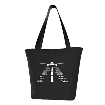 Чанти-тоут Alphabet Pilot Airplane за пазаруване на продукти, авиационен самолет-изтребител, холщовая пазарска чанта през рамо, чантата е с голям капацитет
