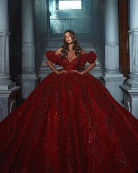 Луксозна сватбена рокля трапецовидна форма принцеса с червени пайети, с открити рамене, големи размери, пищни сватбена бална рокля за арабския церемония