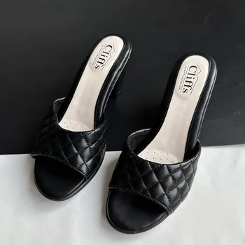 Пролет/лято 2023, нова мода ежедневни универсална дамски обувки в клетката, дамски сандали на висок ток в голям размер