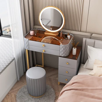 Модерни тоалетни масички от изкуствена дъски за мебели за дома, Тоалетка с огледало и табуреткой за спалня Луксозен стъклен тоалетка Ins