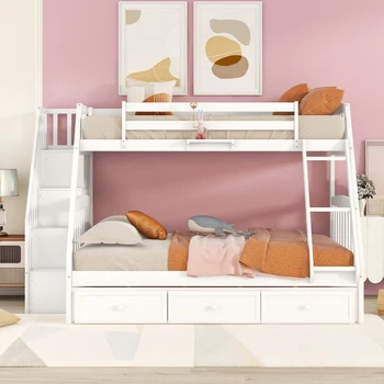 Двойна стая с двуетажно легло с чекмеджета, Стремянка и стълба за съхранение, бяла