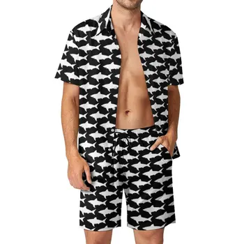 Мъжки комплекти с черно-бялата акула, сладък ежедневни панталони с акули, комплект ризи на открито, лятна тенденция костюм с къс ръкав, оверсайз