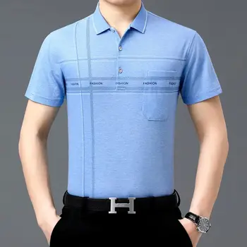 Пролетно-лятна однотонная тениска с къс ръкав, бродерия, отложным яка, на поло, памучни тениски, джобове, копчета, мъжки дизайнерски дрехи, блузи