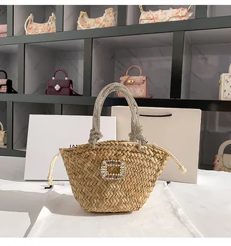 Плажна чанта-месинджър с диаманти, дамски сламена чанта през рамо, луксозни дизайнерски чанти за жени, модни дамски чанта през рамо