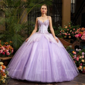 Тюлевые светло лилаво буйни рокли-спагети, бална рокля 2023, принцеса рокля в стил скъп, расшитое сребърни бисерными кружевными апликации, vestidos